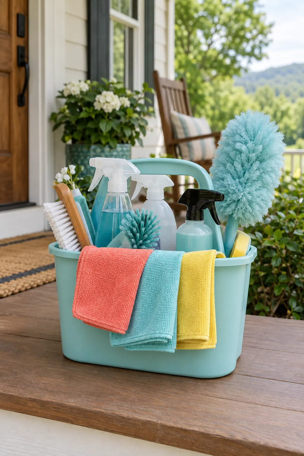 Knockout Cleaning supply caddy with brushes and microfiber cloths on a porch step