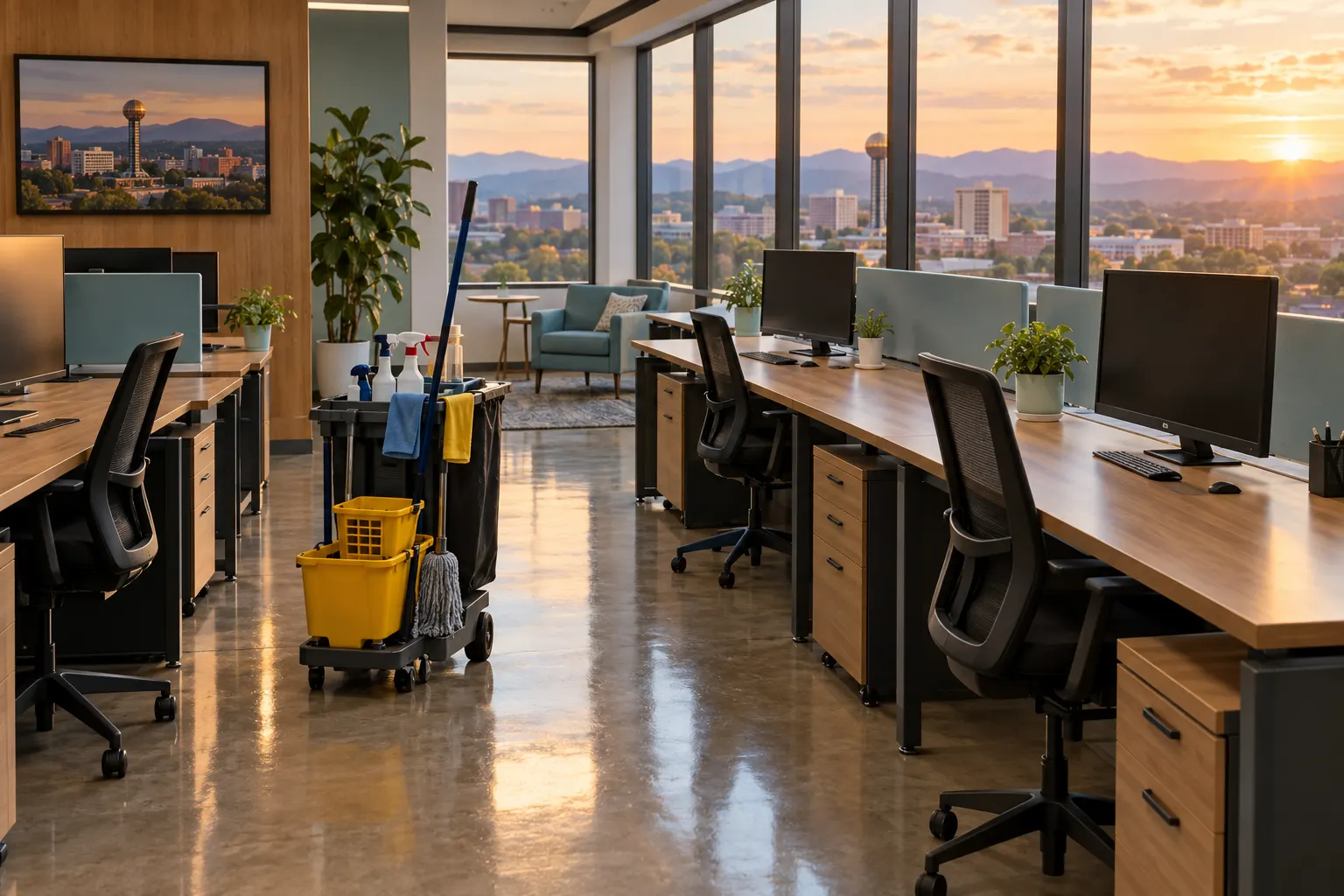 Clean open-plan office with polished floors and a cleaning cart in the aisle