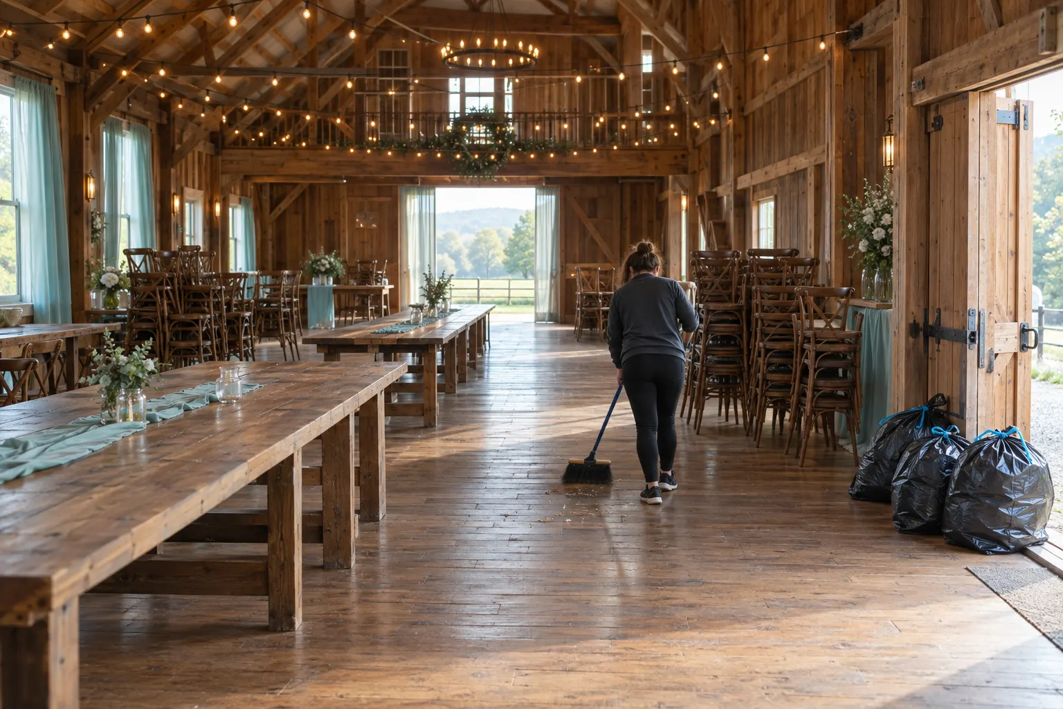 Rustic barn event venue being swept and cleared the morning after a wedding