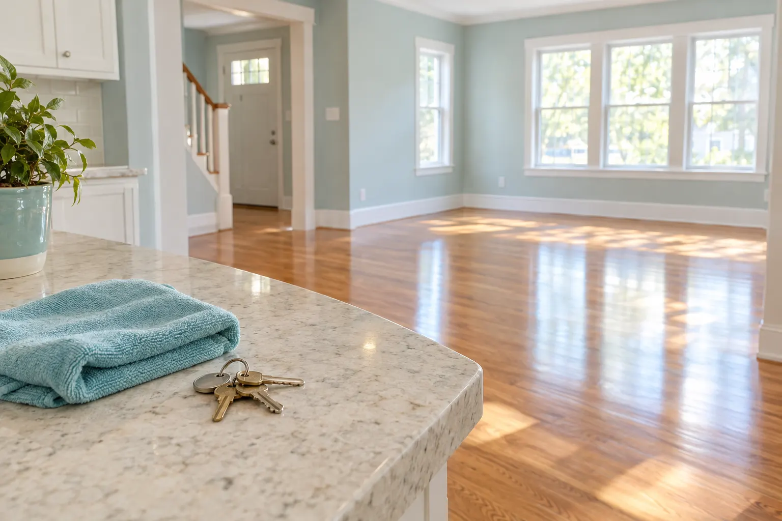 Empty freshly cleaned home with shining hardwood floors and house keys on the counter