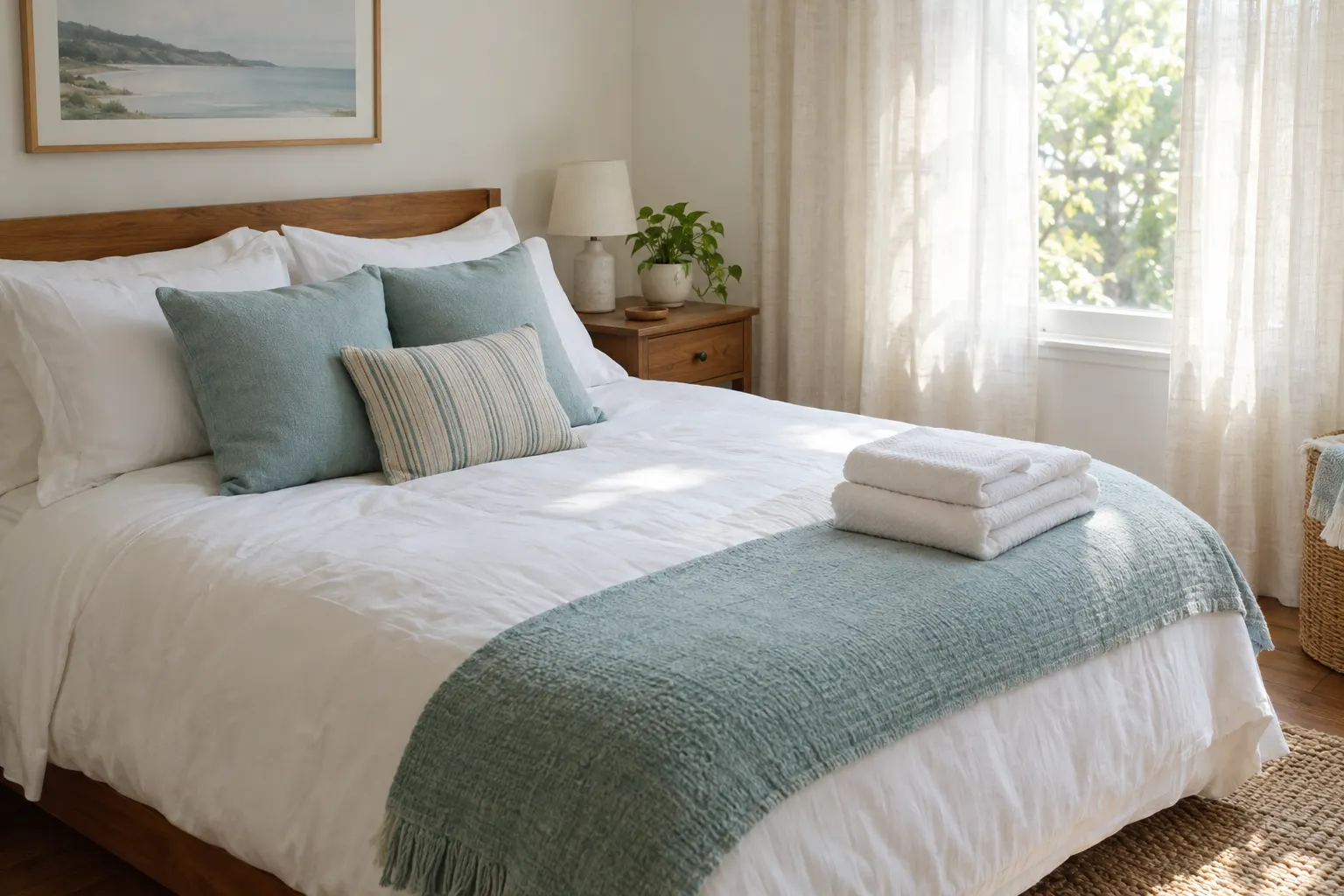 Neatly made bed with fresh linens and folded towels in a sunny bedroom
