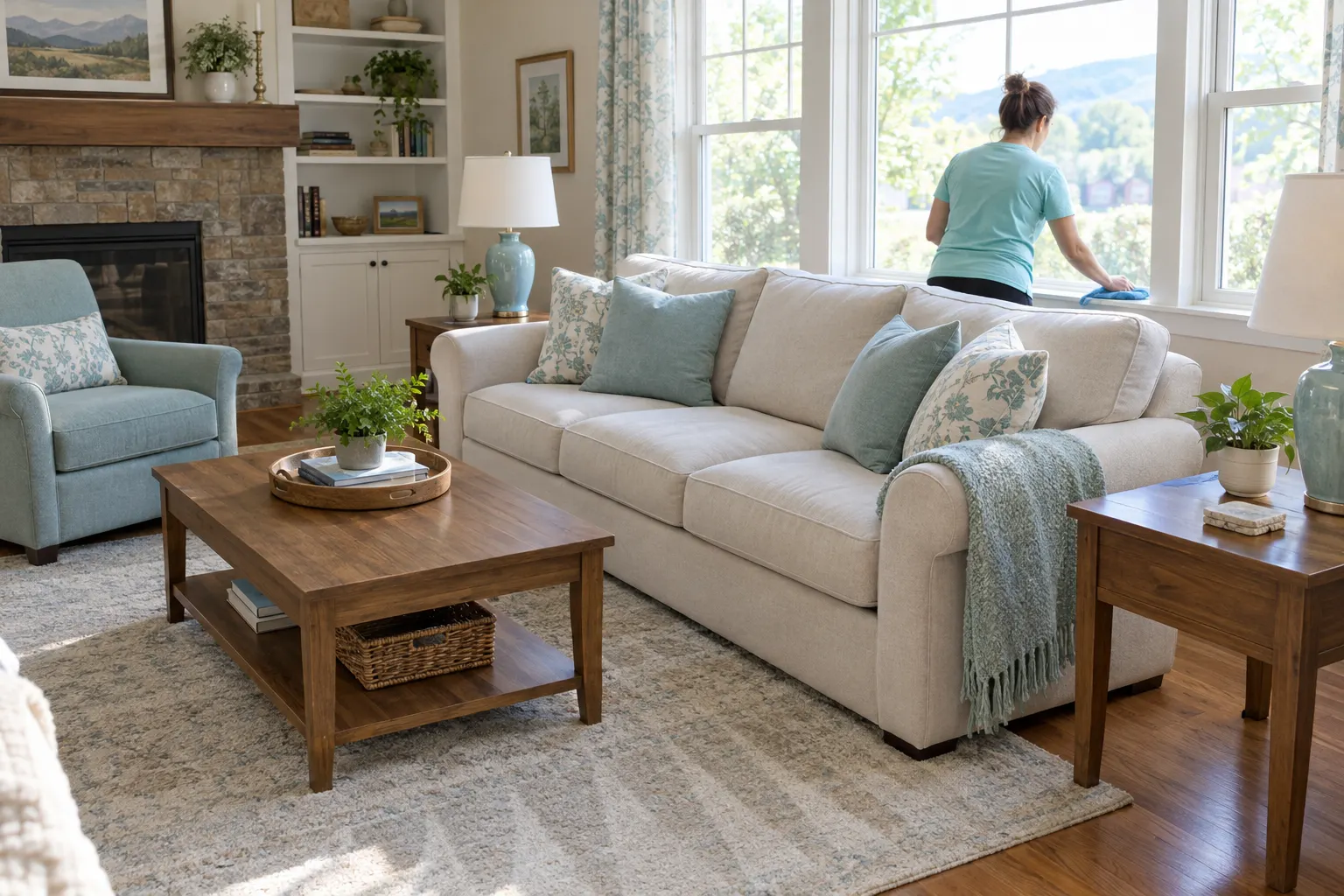 Freshly cleaned living room with plumped cushions and a cleaner wiping a window sill