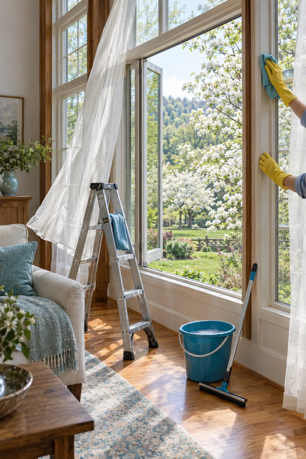 Open windows to a spring yard with dogwood trees and gloved hands wiping a window frame